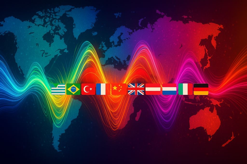 Global multilingual text-to-speech visualization showing colorful sound waves flowing across world continents with country flags representing supported languages: English (US/UK), Japanese, Chinese (Mandarin/Cantonese), French, and German. The image illustrates the worldwide reach and advanced AI technology of Zonos TTS platform.